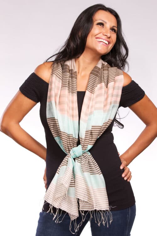 Cotton and Silk Striped Scarf in Taupe and Pink