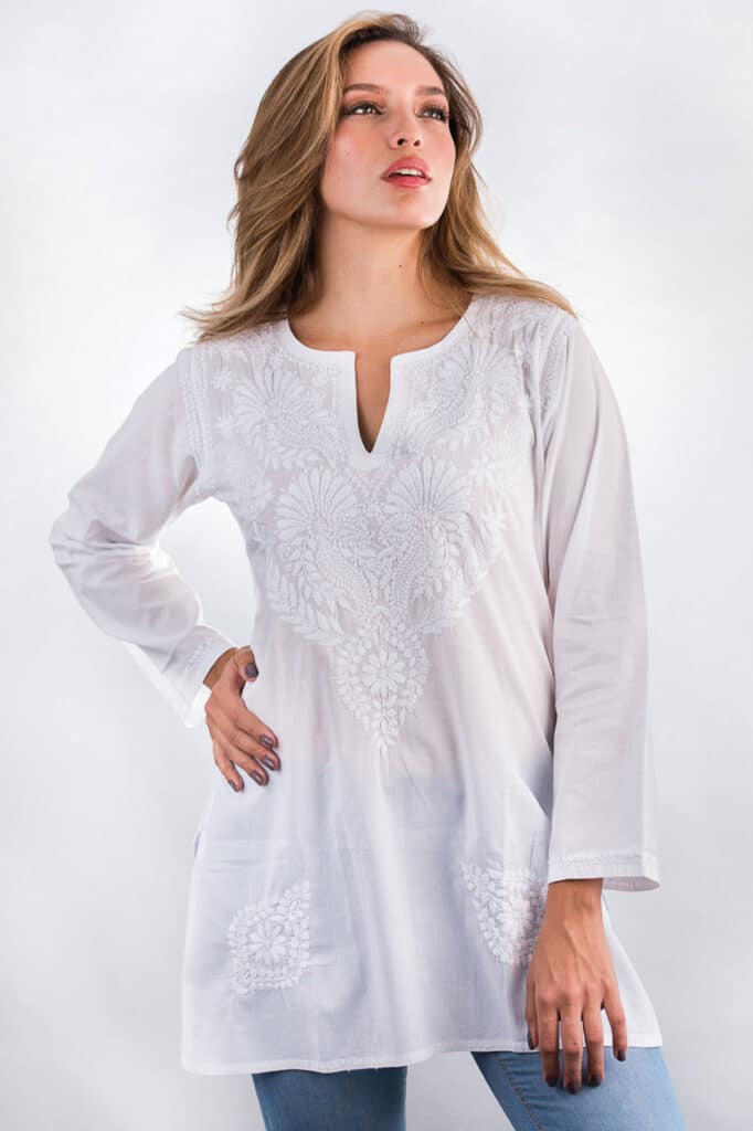 White Tunic Top with Hand Embroidery on Soft Cotton from India