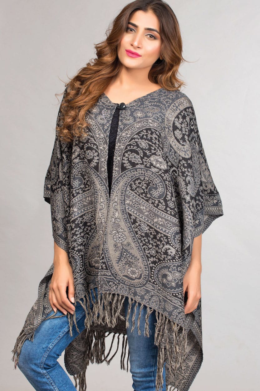 Black Wool Poncho with Jamevar Weave Design in Wool and Cotton Blend