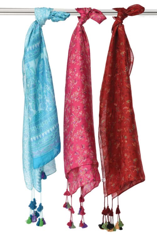 Fair Trade Recycled Silk Sari Scarf with Handmade Tassels from India