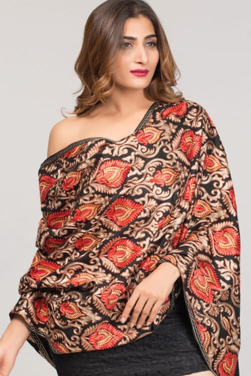 Indian Fine Embroidered Shawl with Earthen Tones on Black Base