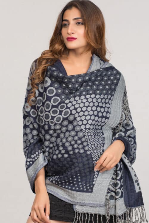 Fair Trade Black Wool Shawl with Silver Circles Weave Design