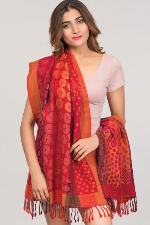 Fair Trade Soft Red Shawl with Orange Circular Weave Design