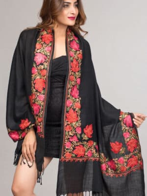 Multicolor Embroidered Pure Wool Shawl from India