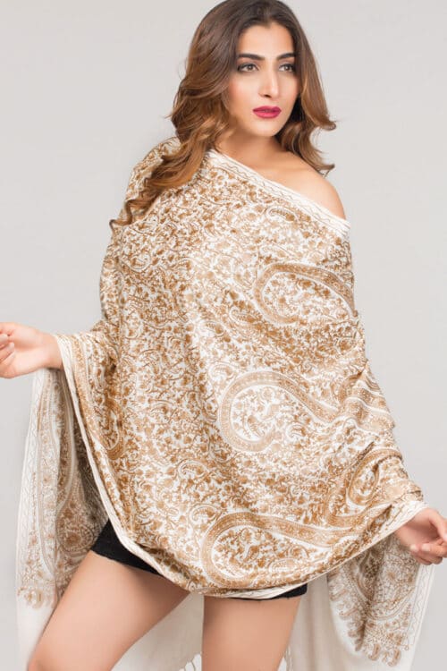 Embroidered Ivory Shawl with Golden Embroidery in Paisley Motif