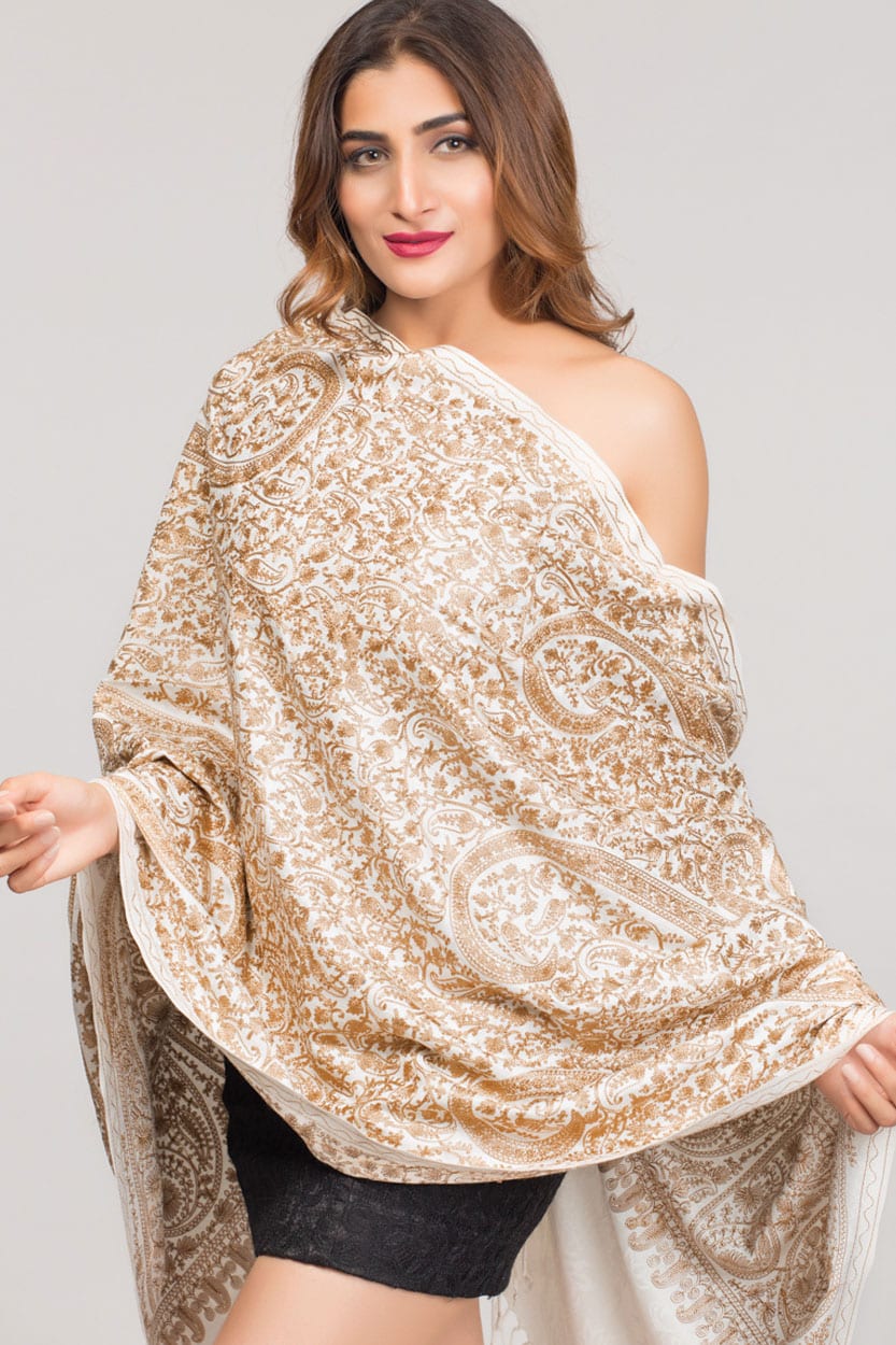 Embroidered Ivory Shawl with Golden Embroidery
