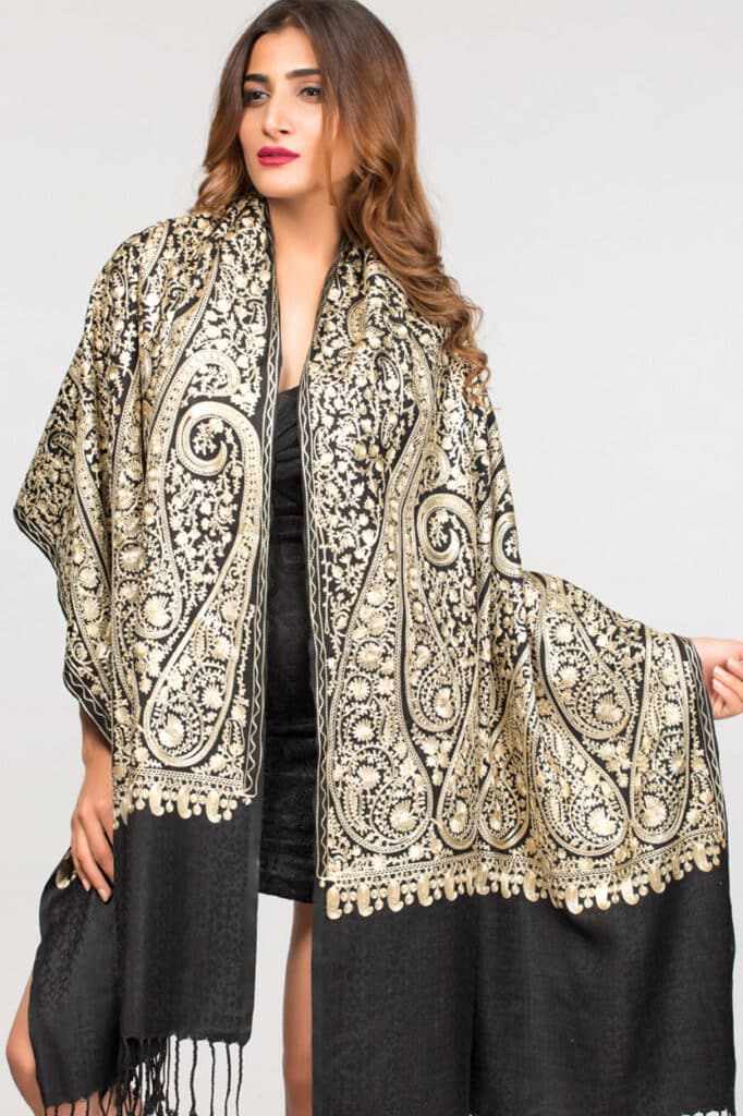 Paisley Shawl with Paisley Embroidery Motif in Rich Golden Hues on a