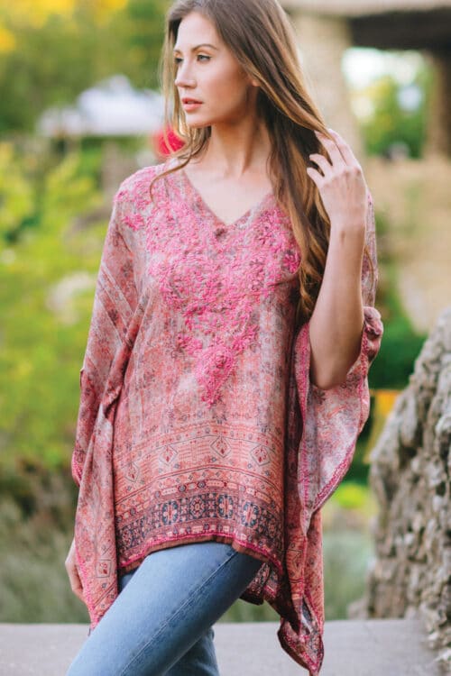 Pink Embroidered Tunic in Free Size Printed Top