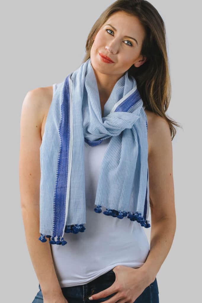 Fair Trade Blue Handloom Scarf with Stripes and Tassels