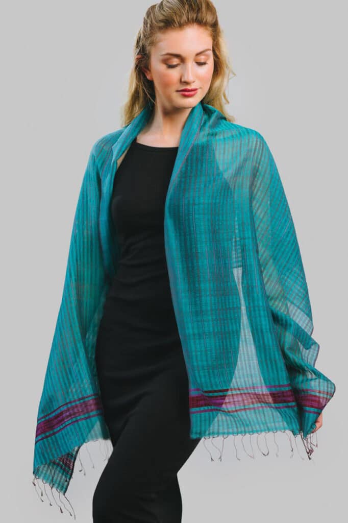 Turquoise Silk Wool Scarf with Classic Ikat Handloom Weave from India