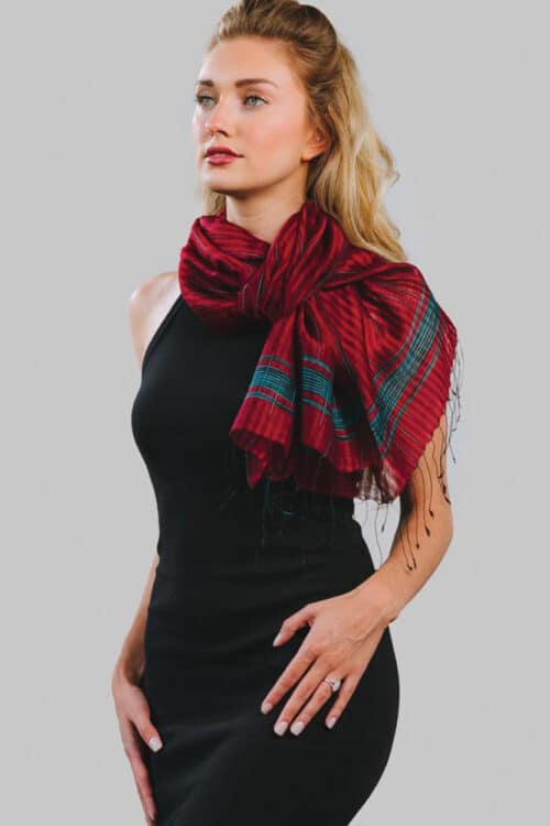 Burgundy Hand-Woven Silk & Wool Scarf from India