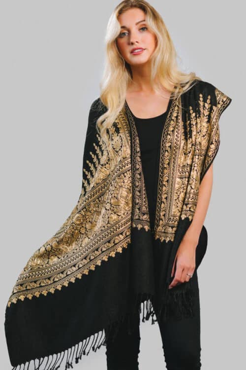 Gold and Black Embroidered Shawl from India