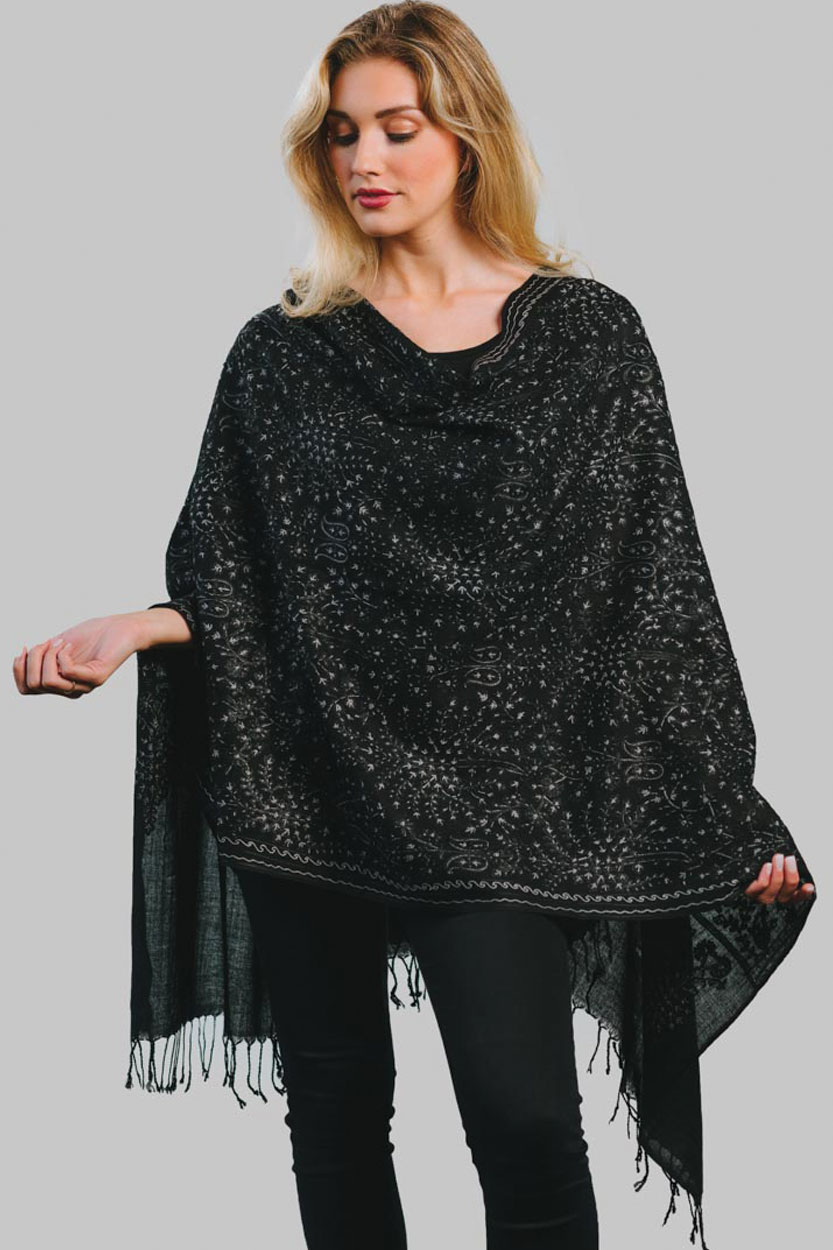 Black Embroidered Wool Shawl  with Silver Embroidery in 