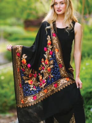 Black Multicolor Embroidered Wool Shawl from India