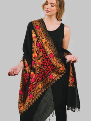 Fine Red Embroidered Wool Shawl from India