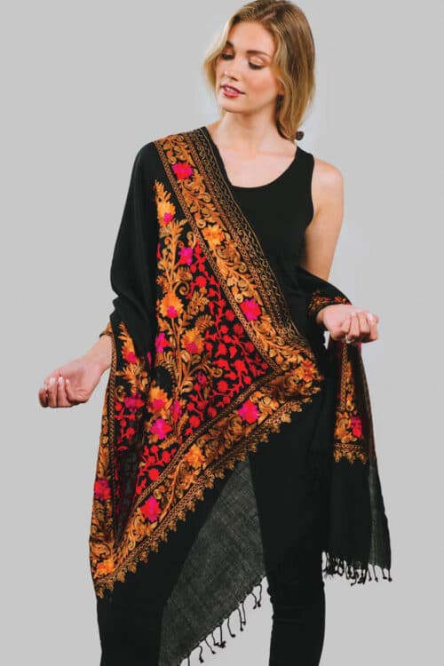 Fine Red Embroidered Wool Shawl from India