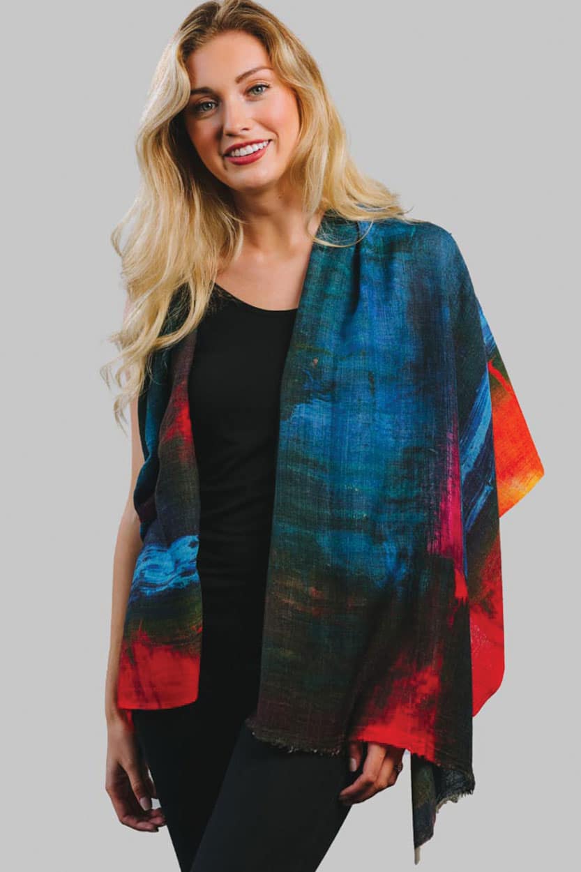 Colorful Wool Shawl  with Contemporary Print from India