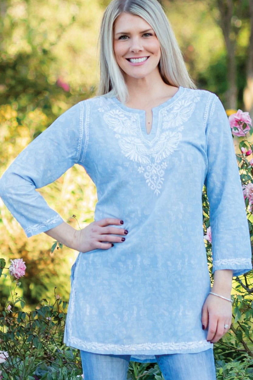 Blue Embroidered Tunic on Soft Cotton ...