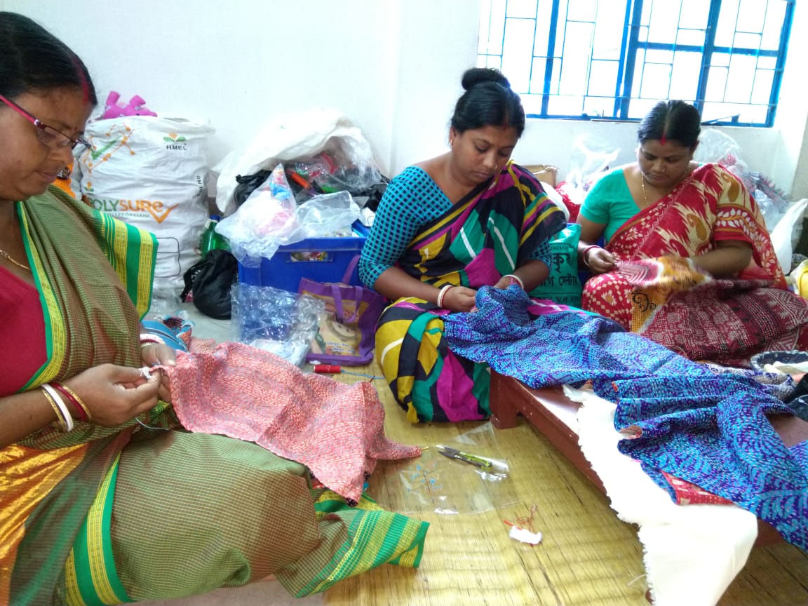 Women Artisans Making Sevya's Kantha Recycled Silk Sari Scarves
