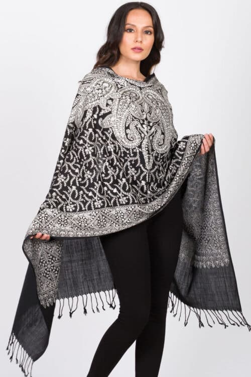 Sanika Silver Embroidered Wool Shawl