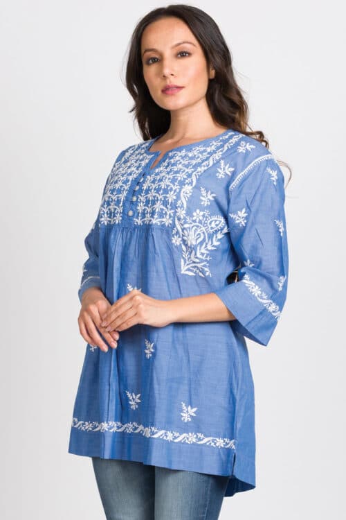 Tarika Blue Embroidered Cotton Tunic