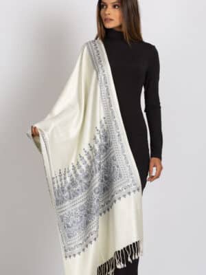 Vimala Soft White Embroidered Shawl