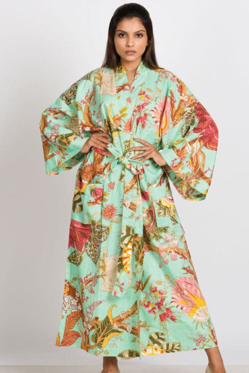 Long Floral Kimono in Sea Green