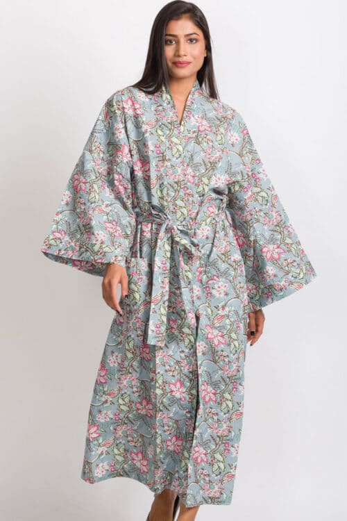 Silver Floral Kimono Robe