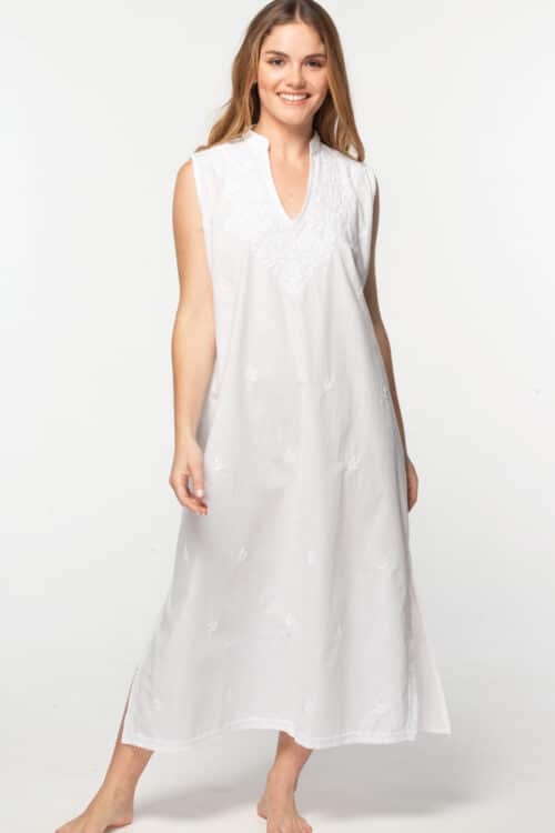 Embroidered White Sleeveless Nightgown