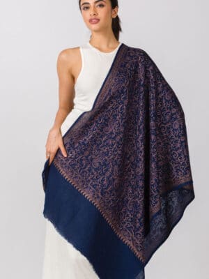 Navy Wool Embroidered Shawl