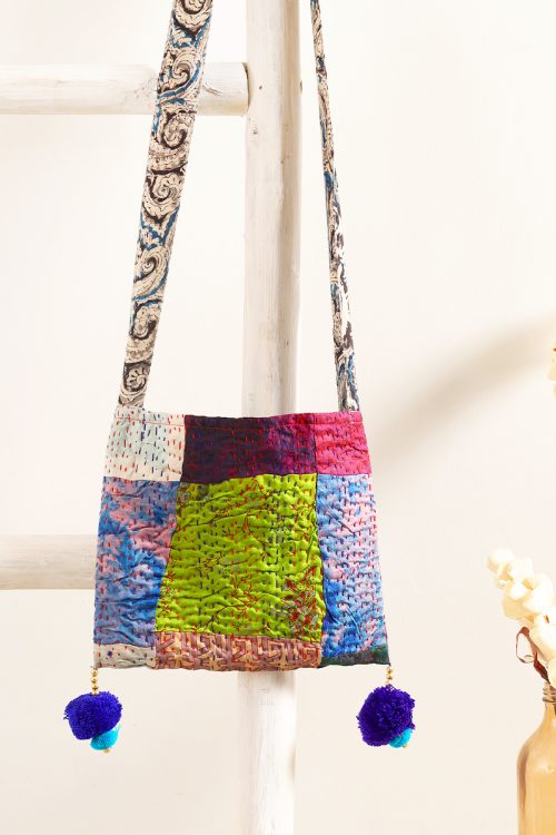 Silk Kantha Pom Pom Bag