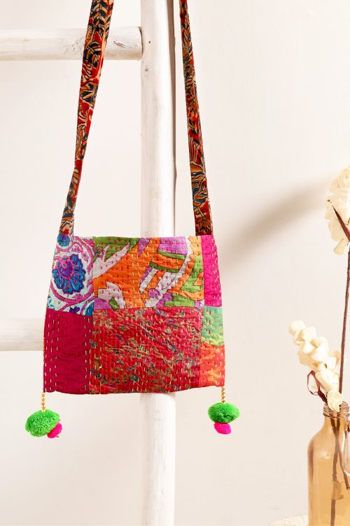 Silk Kantha Pom Pom Bag